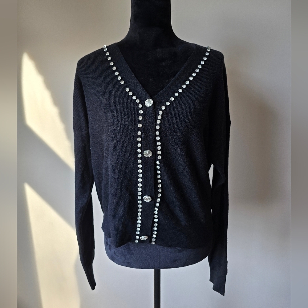 NWT Liv Milano Black Rhinestone Cardigan Women's Size M.